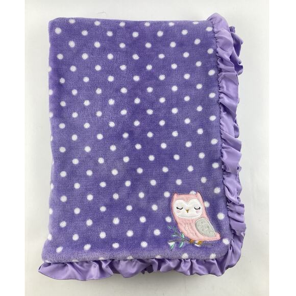 HTF Carters Purple white polkadot Pink Owl blanket satin ruffle edge Plush Thick - Picture 1 of 10